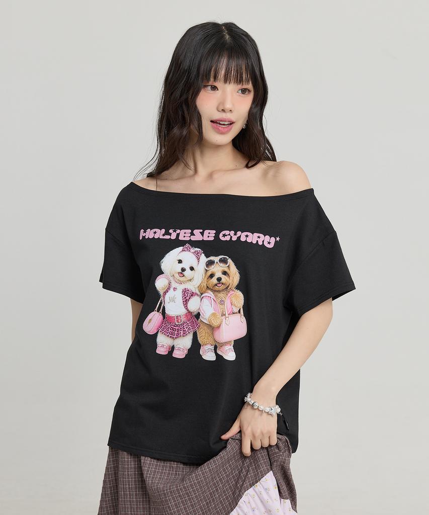 WAIKEI Maltese Gyaru Off-Shoulder T-Shirt Black
