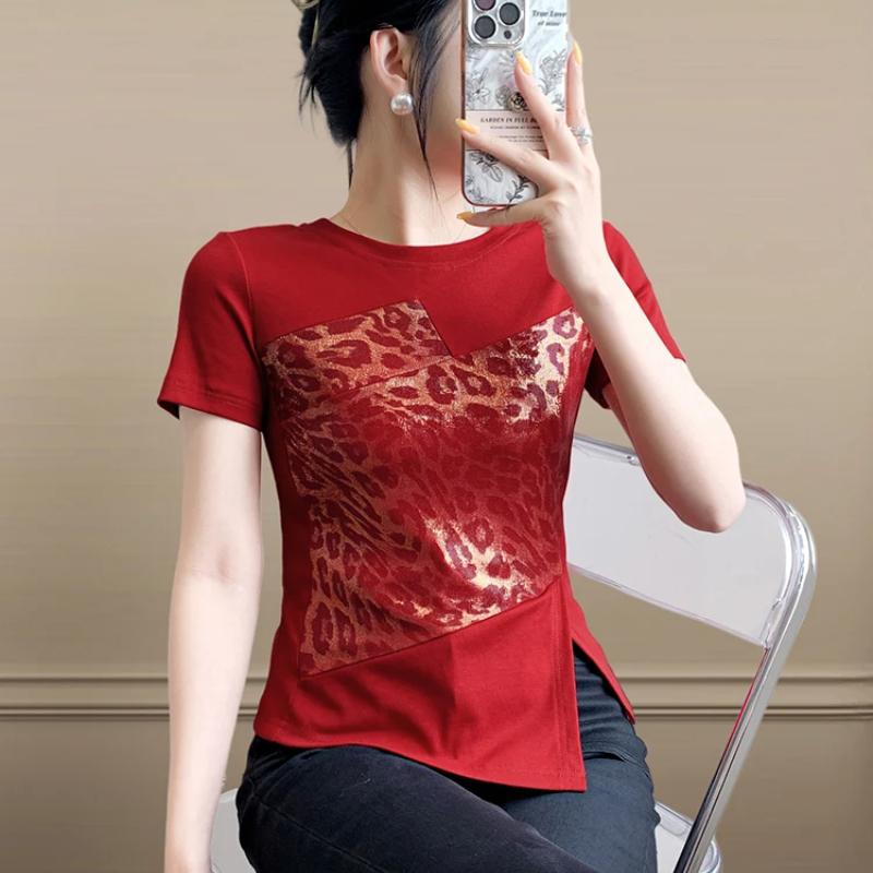 New Women Chic Leopard Print Patchwork Summer T-shirt Elegant O-neck Short Sleeve Irregular Tops Casual Ladies Slim Cotton Tees
