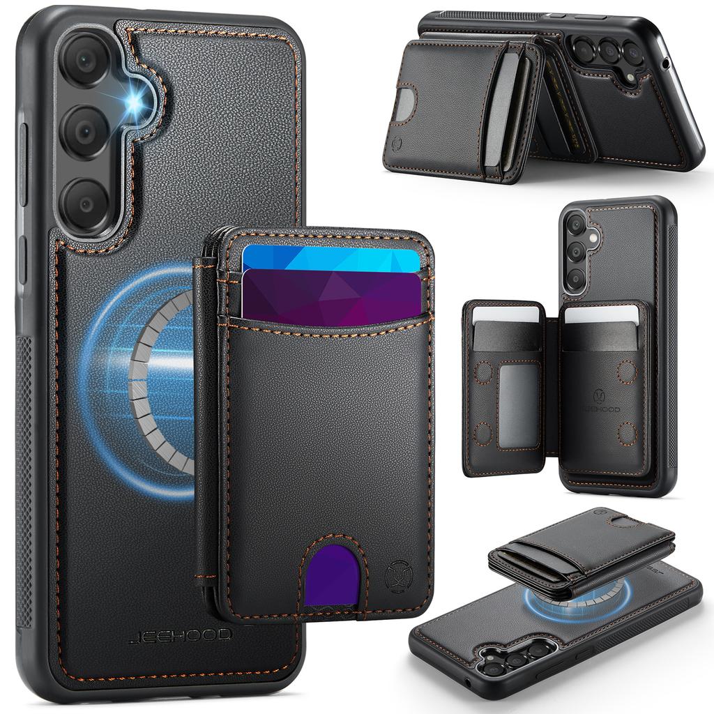 For Samsung Galaxy A55 5G Magnetic Case JEEHOOD J10 Leather Back Phone Cover with Detachable Card Holder Kickstand