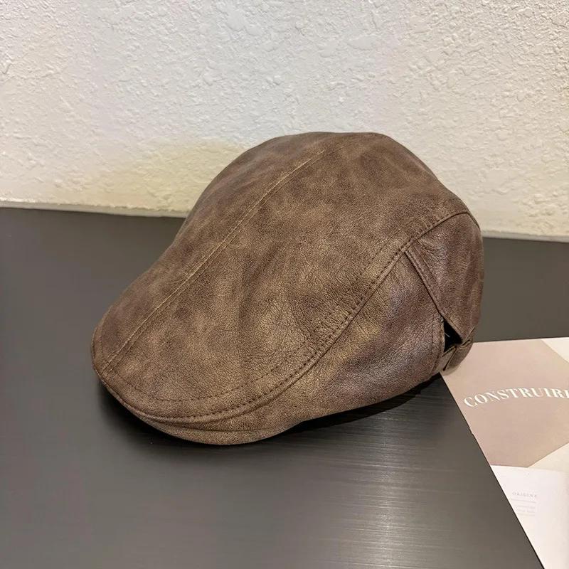 PU-Leder Schiebermütze Vintage Amerikanischer Stil Einfarbige Winter Herbst Unisex Wendbares Design Trendige Bäckerjunge Mütze M 56-59cm brown