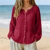 Womens Long Sleeve Button Down Blouse Lightweight Crinkled Fabric Casual Loose Fit Shirt with V Neck Design for Daily Wear