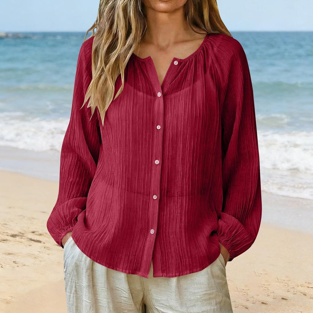 Womens Long Sleeve Button Down Blouse Lightweight Crinkled Fabric Casual Loose Fit Shirt with V Neck Design for Daily Wear