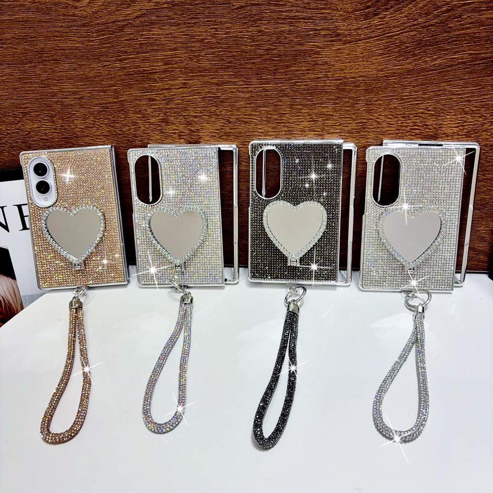 Shiny Rhinestone Heart Mirror Stand Phone Case For Samsung Z Fold 8 Fold8 Ultra Galaxy Z Fold 7 6 5 Plated Frame Glitter Cover