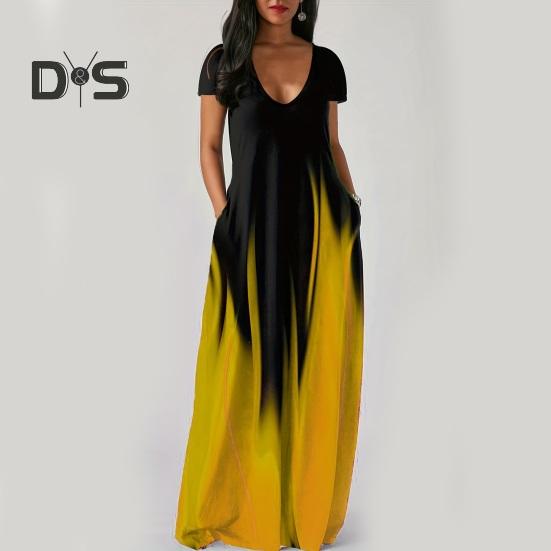 Women Maxi Dress with Pockets V Neck Short Sleeves Gradient Contrast Colors A-line Full Length Dress for Daily Party Dating
