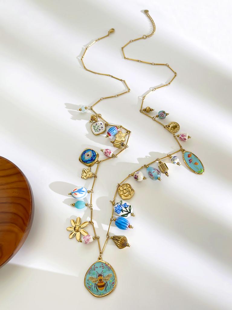 Peri'sbox Stainless Steel Ceramic Blue Bee Multiple Pendant Women Necklace Long Style Party Exquisite Luxury Jewelry Accessories