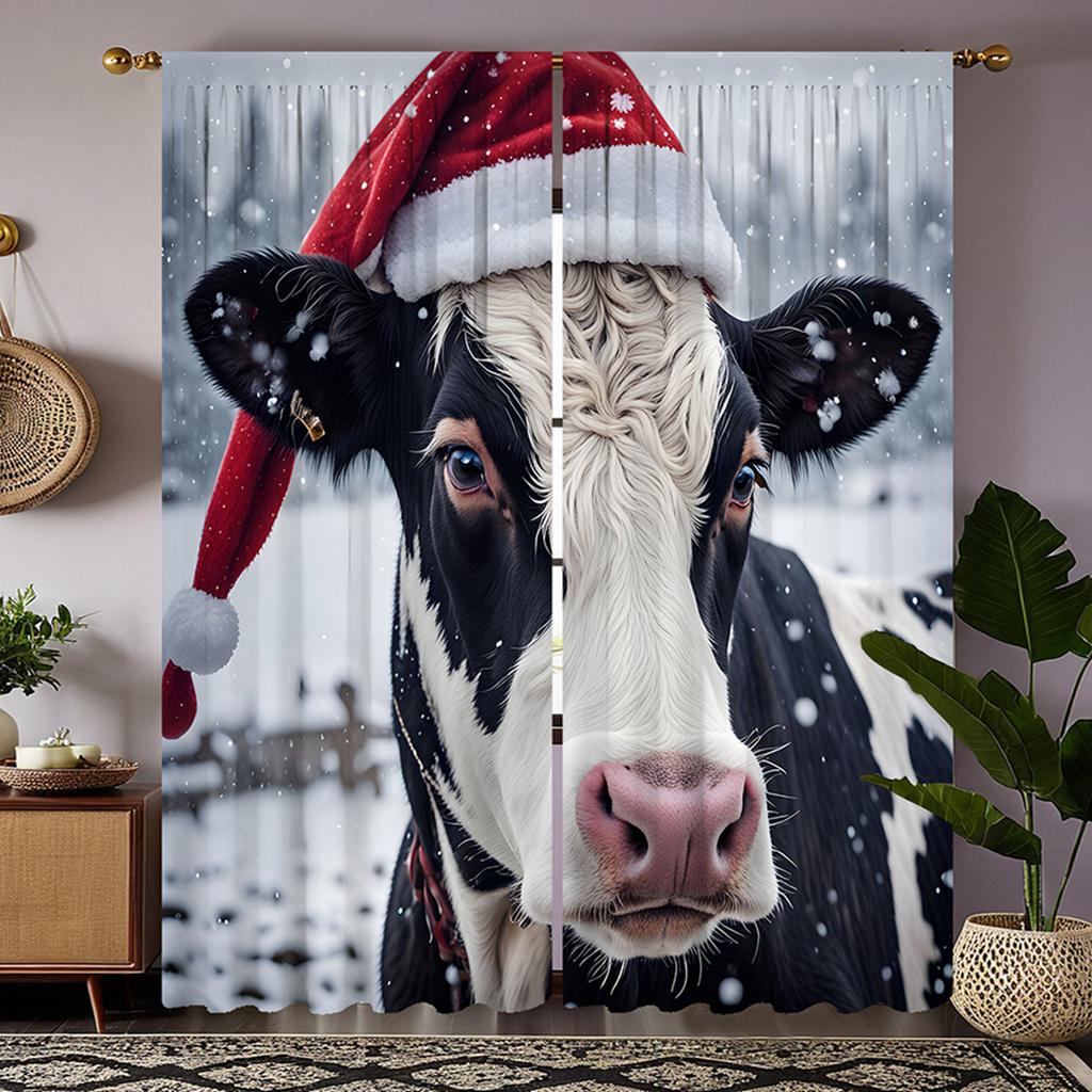 2pcs HD Cow decorative curtain with Santa hat White tie digital printed curtain Home Decoration style Decorate living room be