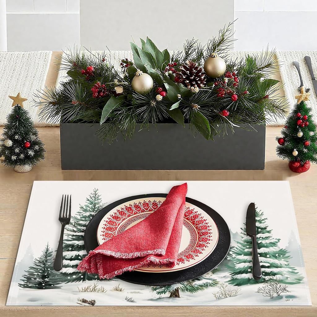 4/6pcs, Winter Wonderland Table Mats, Happy Holidays Pine Trees And Snowflakes Christmas Kitchen Dining Table Mats for Indoor An