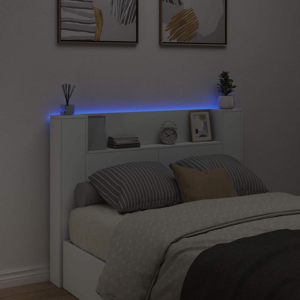 Storage Headboard with LED White Wood Material