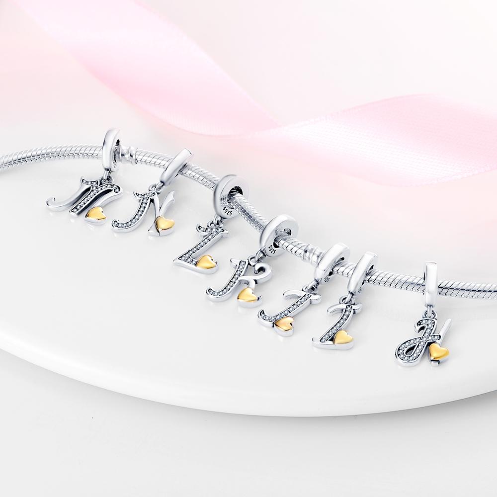 Classic Copper 26 Gold Color Heart Zircon Letter A-Z Charms Beads Fit Original Bracelets Diy Birthday Jewelry Gift