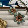 [Patek Baoli] The Same Medieval Color Oil Painting Enamel Golden Sand Hand-Painted Flower Stud Earrings Three-Dimensional Flower Earrings