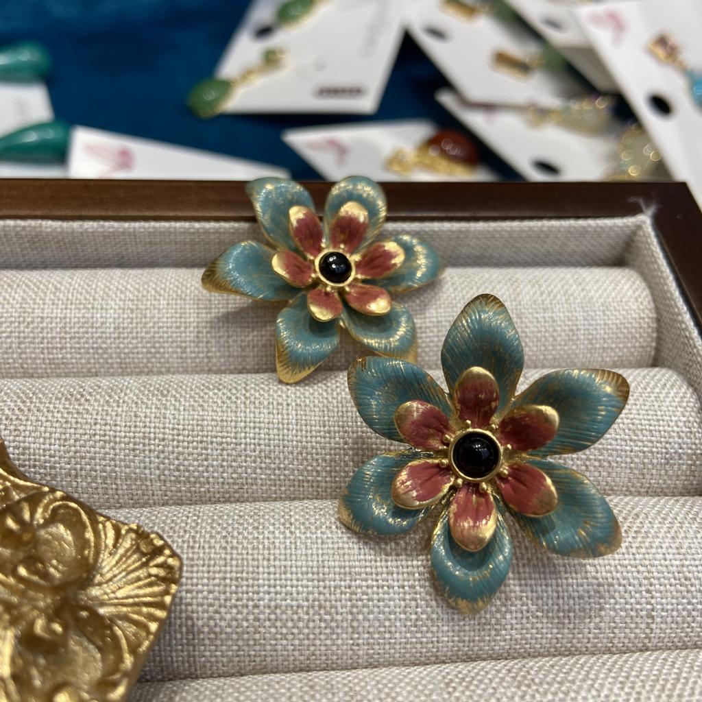 [Patek Baoli] The Same Medieval Color Oil Painting Enamel Golden Sand Hand-Painted Flower Stud Earrings Three-Dimensional Flower Earrings