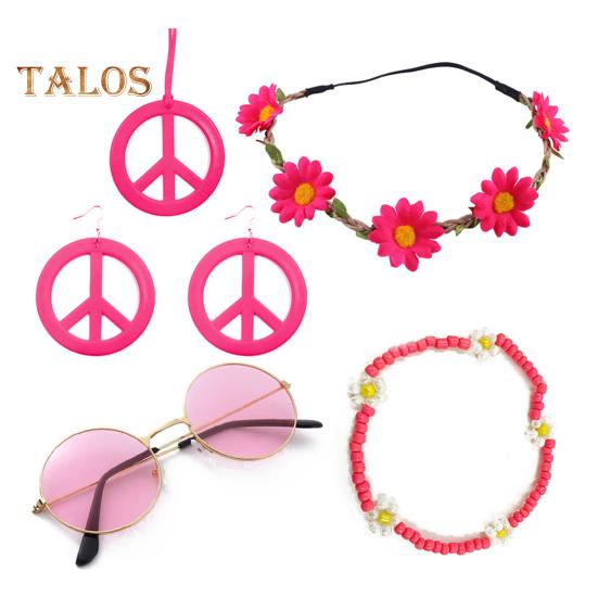 

1 комплект, набор аксессуаров для женского костюма, знак мира, цветок, декор из бисера, винтажный 60-х, 70-х годов, сувениры для дискотеки, косплей, серьги, солнцезащитные очки, ожерелье, повязка на голову, комплект Sets розы красного