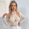 Special Women's Clothing Beach New Arrival Long Sleeves T-shirt European and American Sexy Cross Collar Cut Out Bottoming Shirt Ladies Tops