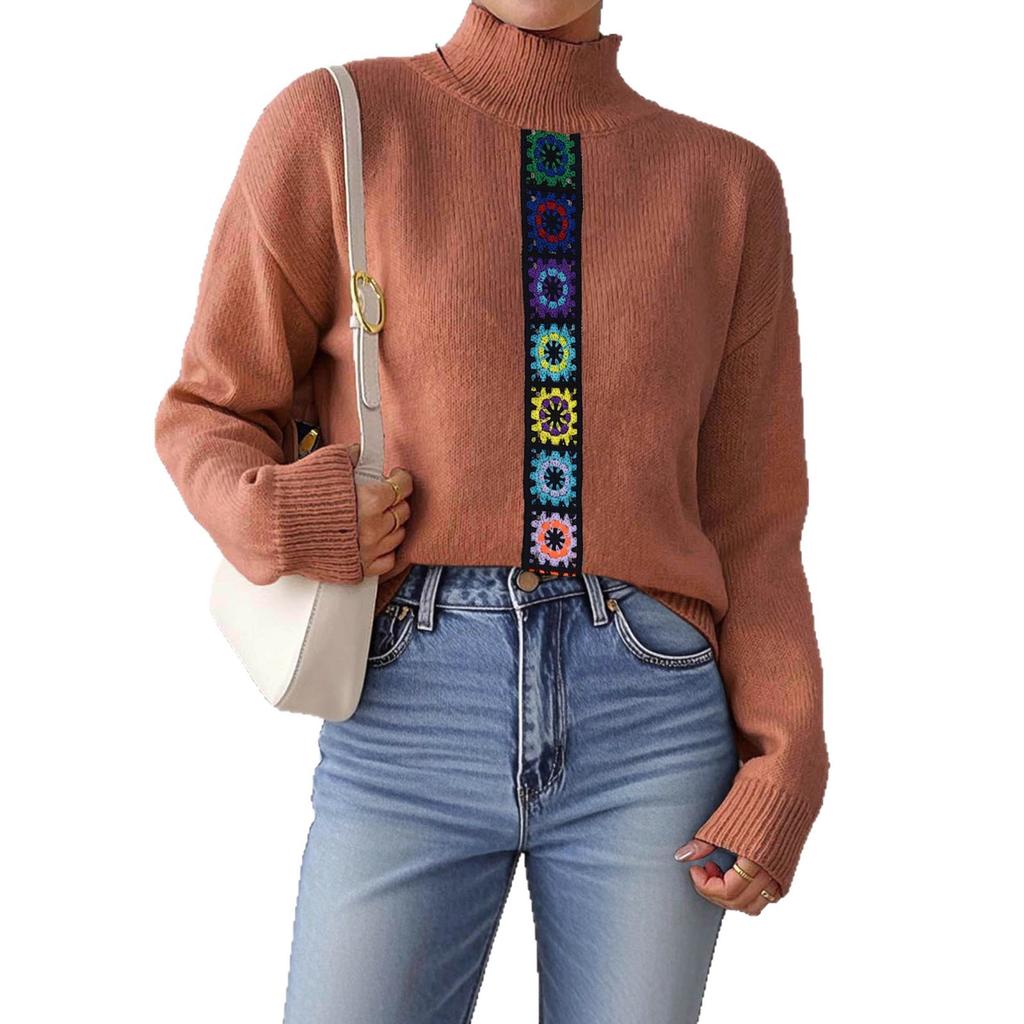 Personalized Patchwork Top, Semi-high Neck Pullover Sweater for Women