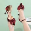 Thin Heel Pointed High Heels Women's Burgundy Bow Wedding Shoes Versatile Cat Heel Single Shoes One-word Buckle Belt Hollow Sandals