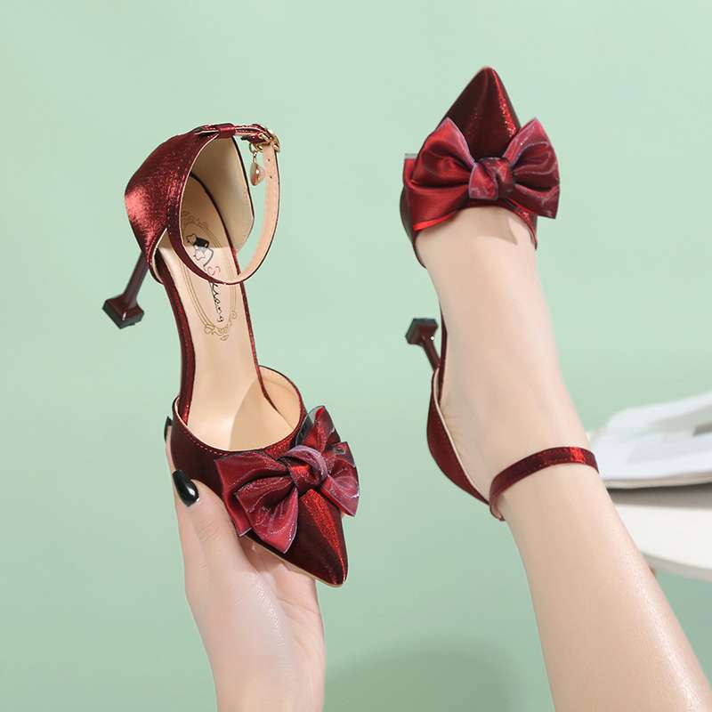 Thin Heel Pointed High Heels Women's Burgundy Bow Wedding Shoes Versatile Cat Heel Single Shoes One-word Buckle Belt Hollow Sandals