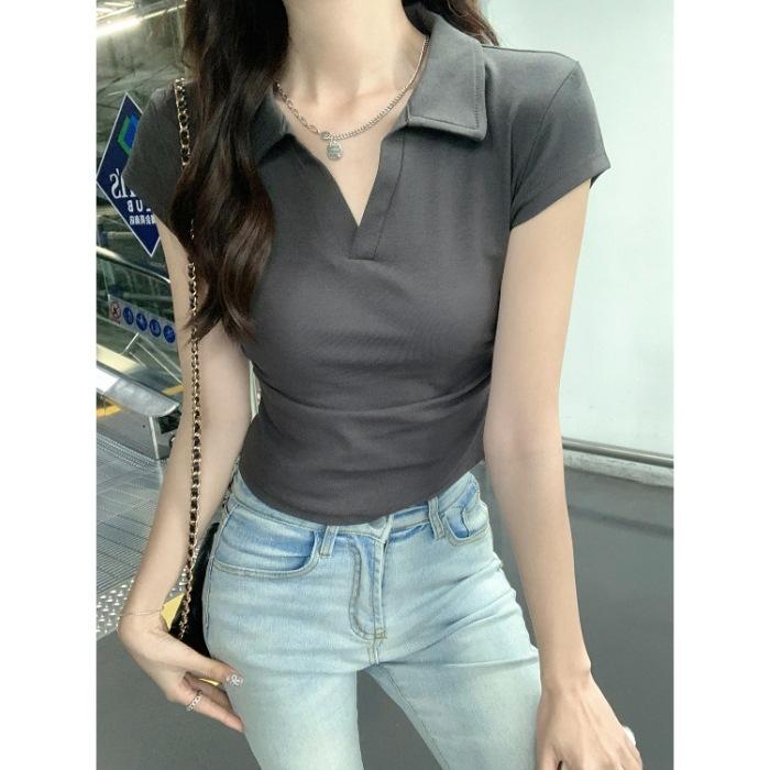 

Special Korean polo collar pleated waist solid color short thin slim shoulder short sleeve T-shirt women s top XL темно-сірий