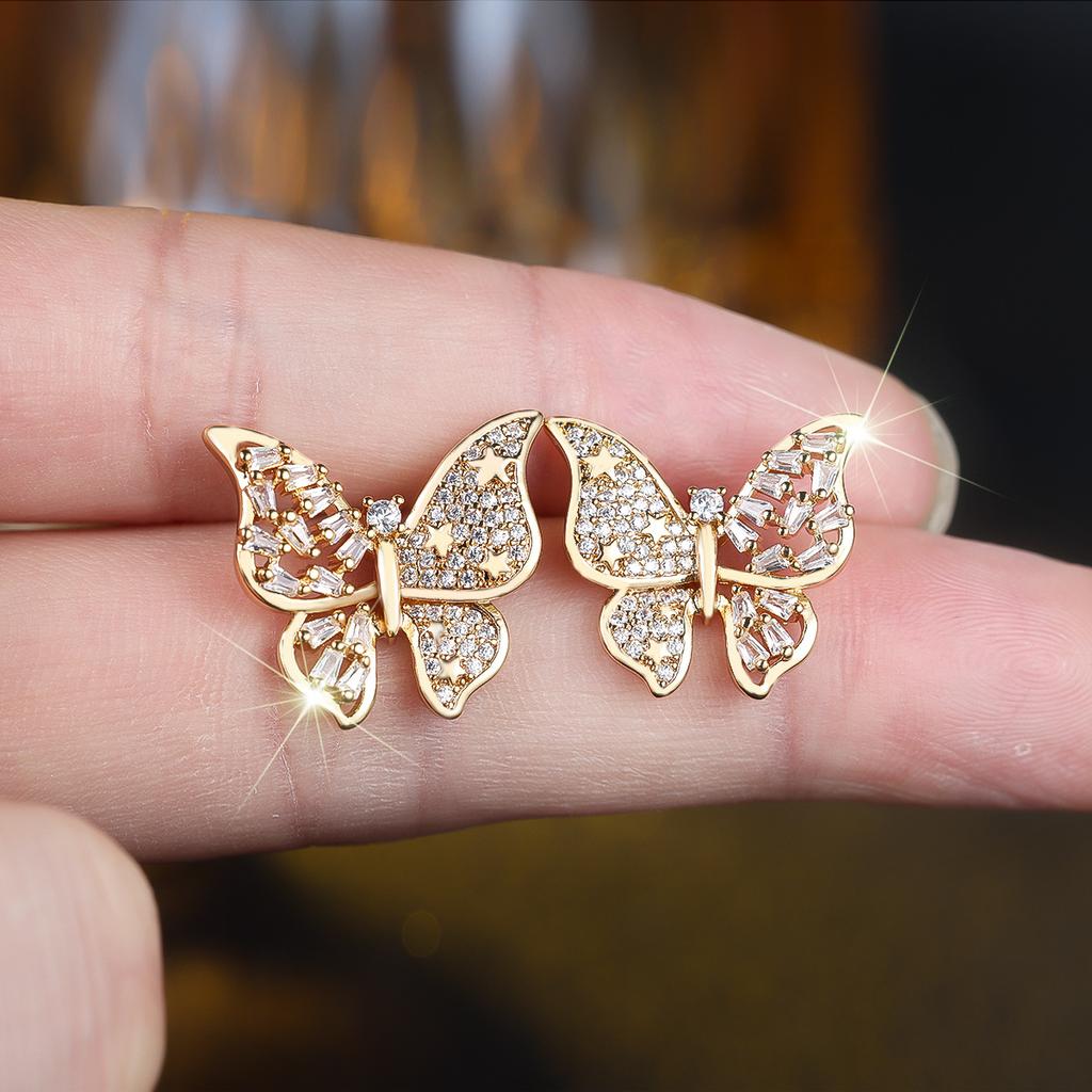Three-dimensional zircon full diamond butterfly earrings, Korean gentle wind versatile temperament earrings