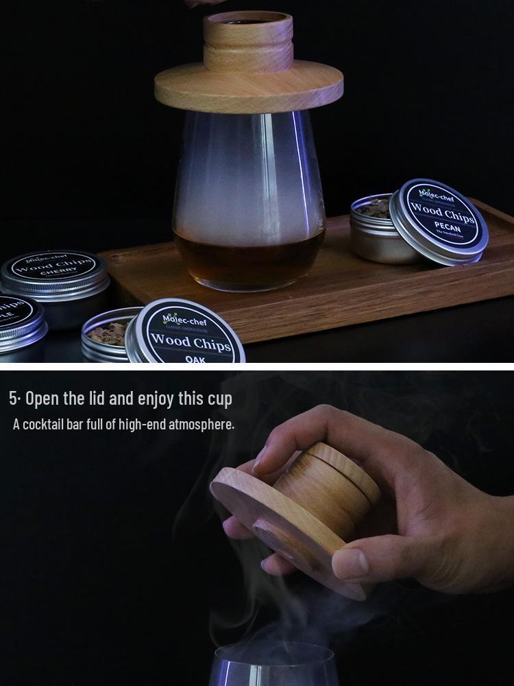 Popular Cocktail Smoker Set: Wooden Smoker, Wood Chips, Bartending Tools, and Ice Cubes