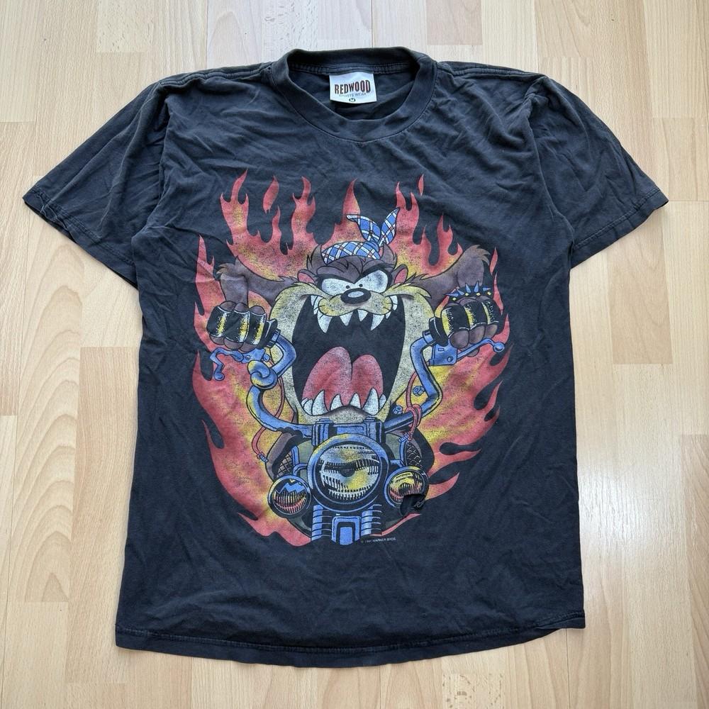 Vintage 1997 Taz Devil Flaming Motorcyle Distressed Faded Black Biker TShirt Unisex T-Shirt S