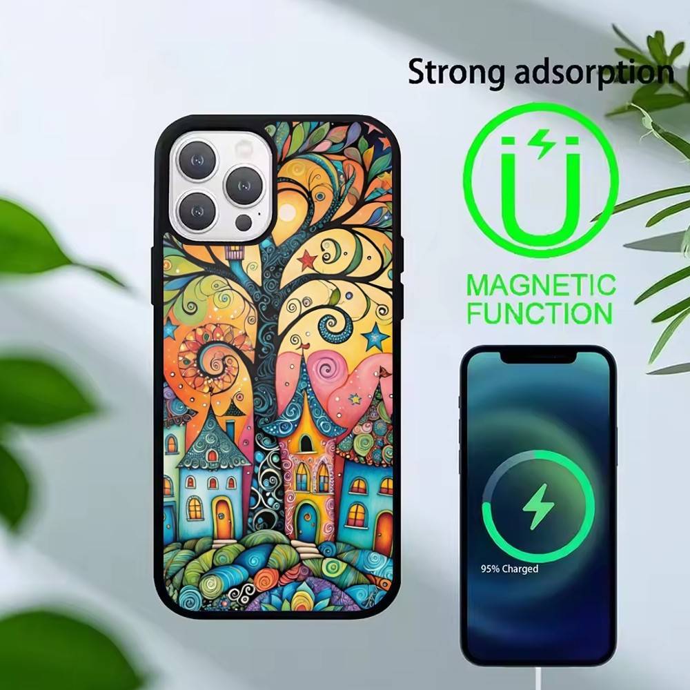 Whimsical Landscape Starry Night Phone Case For iPhone 14,16,15,13,17,12,Plus,Pro,Max Magnetic For Magsafe Frosted Cover
