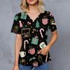 Women's Christmas Print V-Neck Double Pocket Short Sleeves Hem Slit  Uniform And Caregiver Top