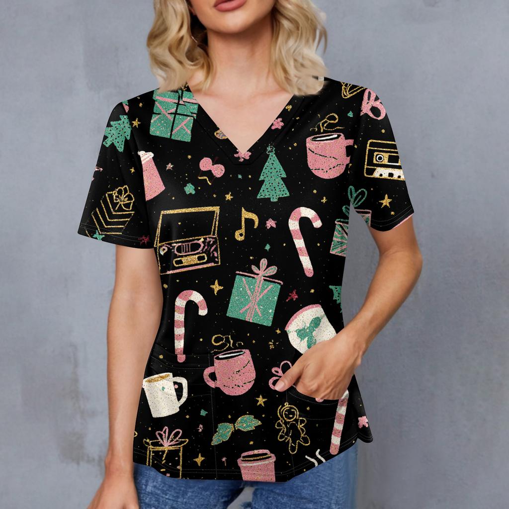Women's Christmas Print V-Neck Double Pocket Short Sleeves Hem Slit  Uniform And Caregiver Top