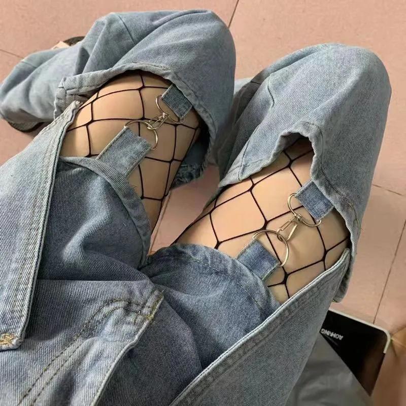 

Women Sexy High Waist Fishnet Stockings Mesh Club Tights Panty Knitting Net Pantyhose Ripped Jeans Match Long Socks Lingerie Hot One Size