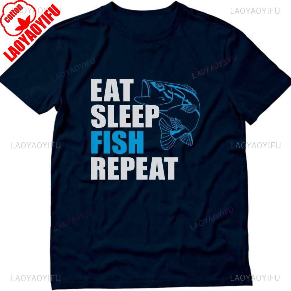 Gift for Men Fisherman Eat Sleep Fish Repeat Fishing Men TShirts Summer Cotton Printed Tshirt Casual Streetwear Casual Clothes S