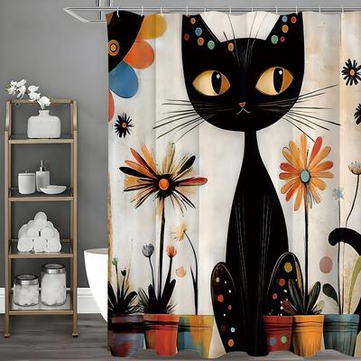 Cartoon Black Cat Flower and Plant Potting Shower Curtain, Bathroom Decorative Shower Curtain, Waterproof Shower Curtain with Ho