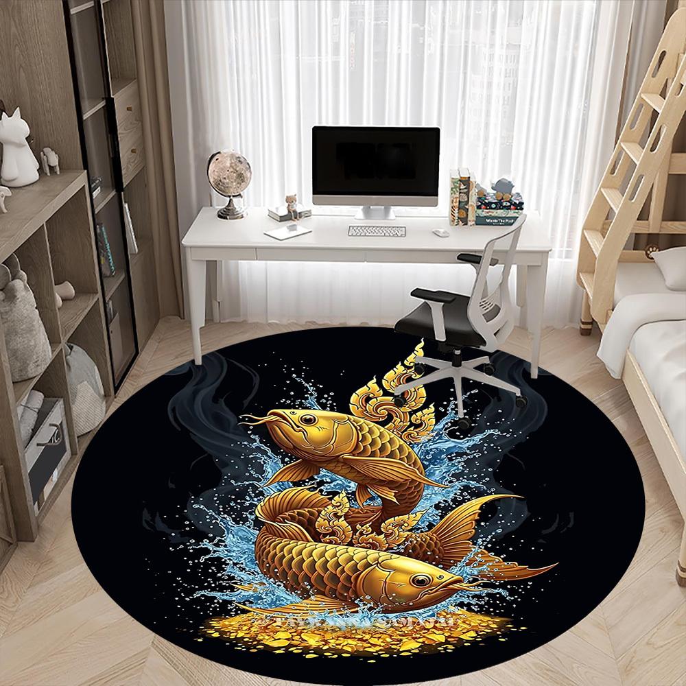 1pc Golden Fishes Splash Office Round Area Rug, Under Office Chairs Bedroom Living Room Home Decor, Room Deco, Available in Various Sizes