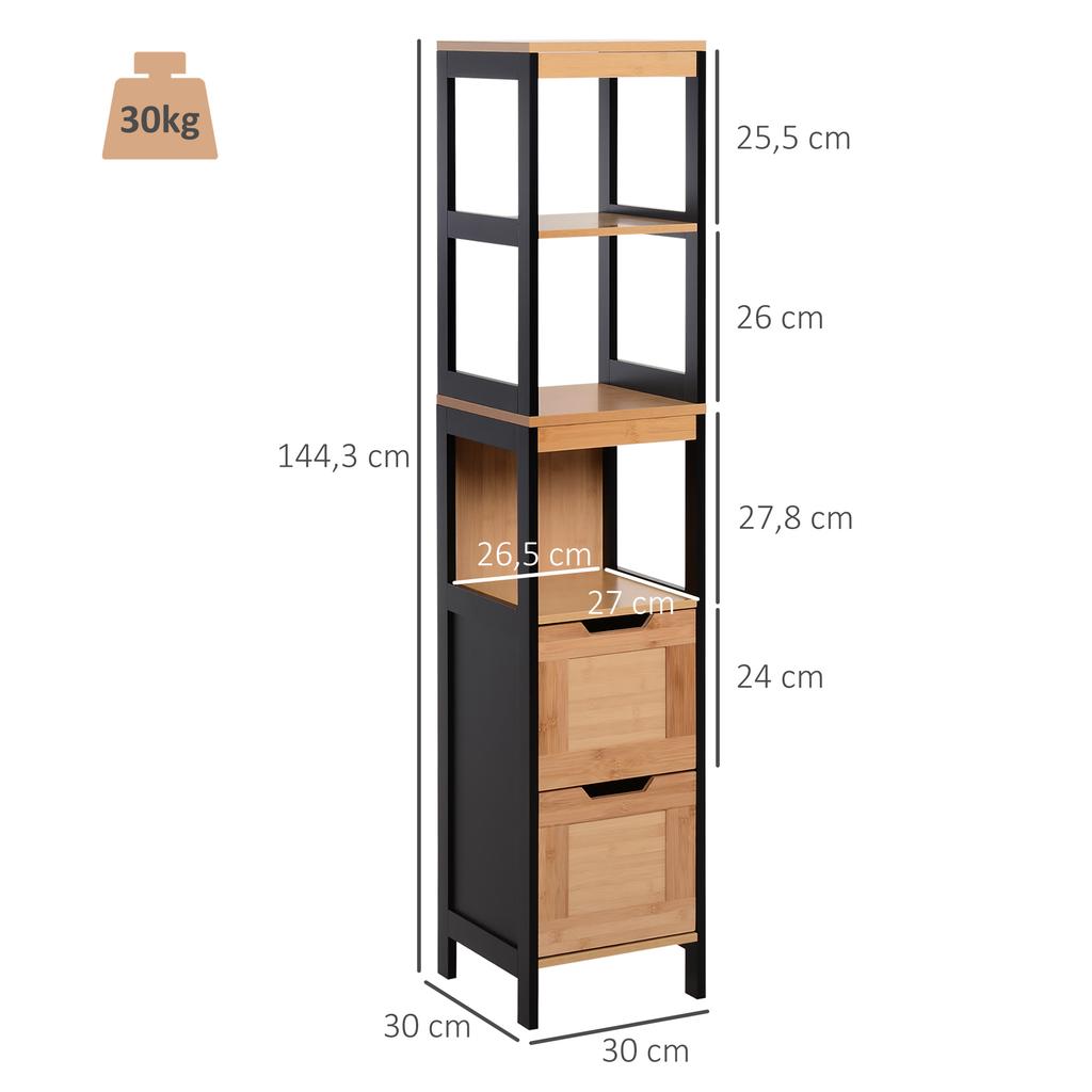 Bathroom Storage Column Cabinet Cozy Style Dim. 30L X 30W X 144H Cm 3 Shelves 2 Drawers Bamboo Black