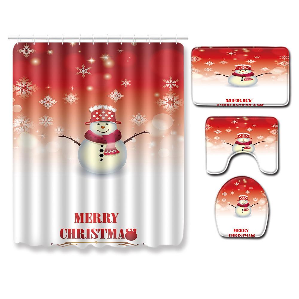 Christmas Shower Curtain Floor Mat Combination Four-Piece Set Bathroom Toilet Carpet Shower Room Mat Foot Mat
