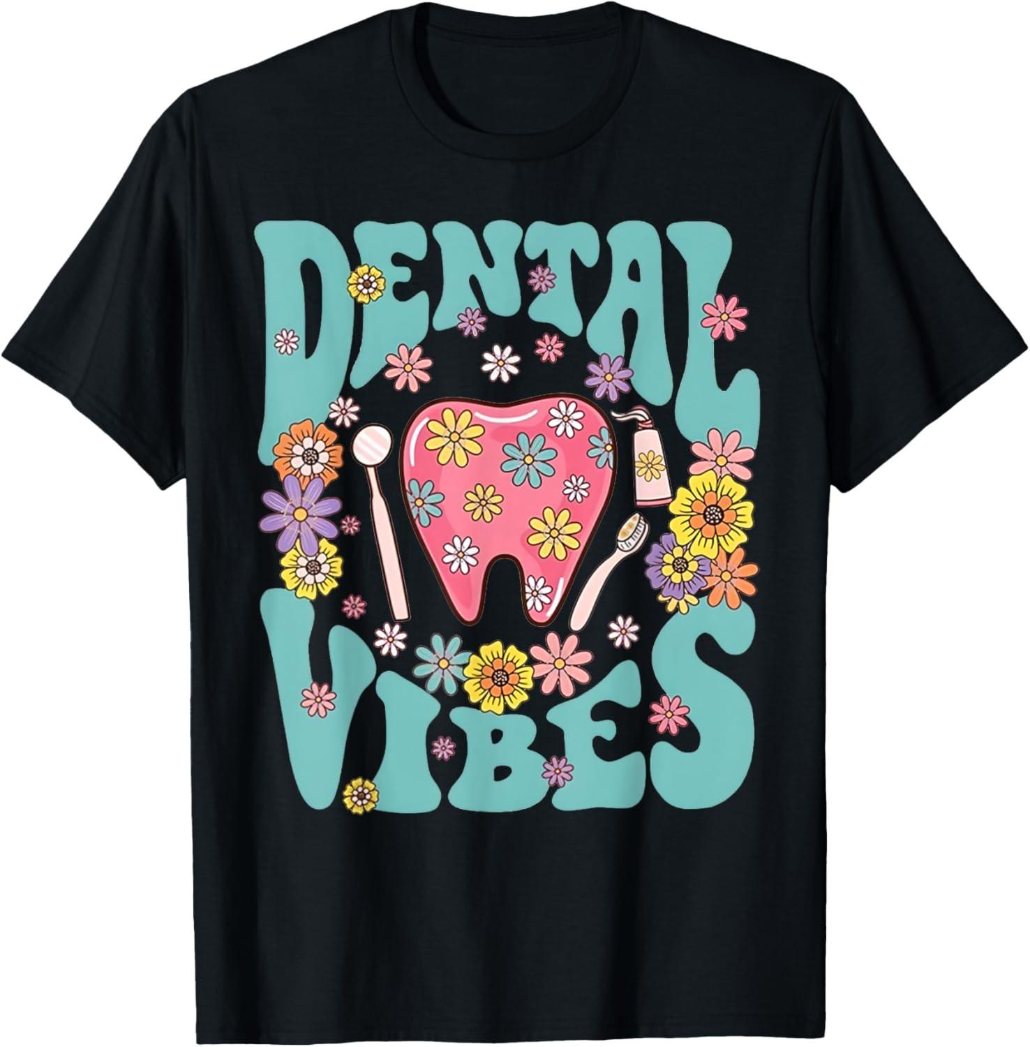 Retro Groovy Dental Vibes Funny Dentist Hygienist Men Women T-Shirt S разноцветный