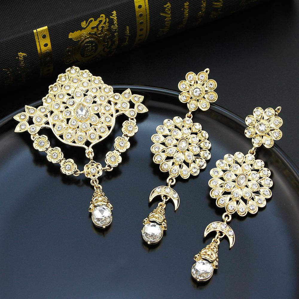 Chic Orange Crystal Women Brooch Set Arabic Bride Wedding Jewelry Hijab Pin Round Flower Brooch Bijoux