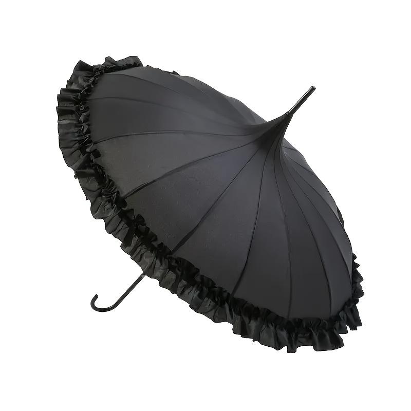 Gothic Lace Sun Umbrella Curved Handle UV Protection Windproof Pure Color Wedding Bridal Sunshade Gift Lolita Parasol