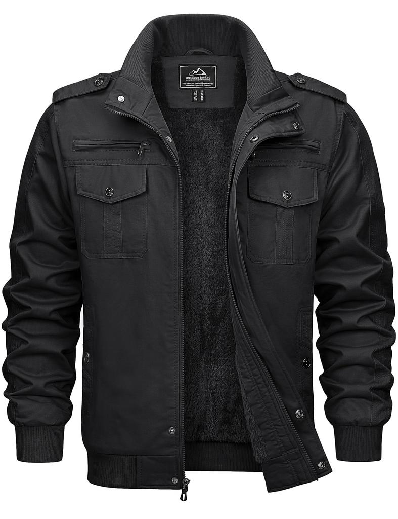 KEFITEVD Stand Collar Work Solid Size 3XL Men's Jacket, Windproof, Fleece-Lined, Outerwear, Outdoor, Streetwear, Color, Winter, Black,