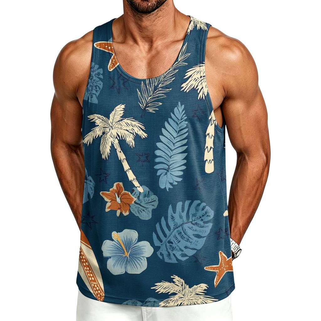 Men's Casual Hawaiian Print Outdoor Sports Tank Top Sleeveless Round Neck Summer Beachwear Lightweight Breathable Fabric
