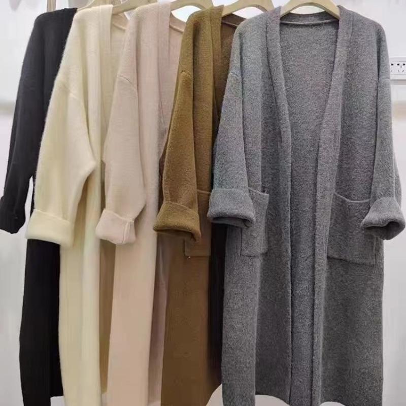 Long sweater jacket women's autumn and winter new fashion casual solid color loose lazy wind thickened knitted cardigan