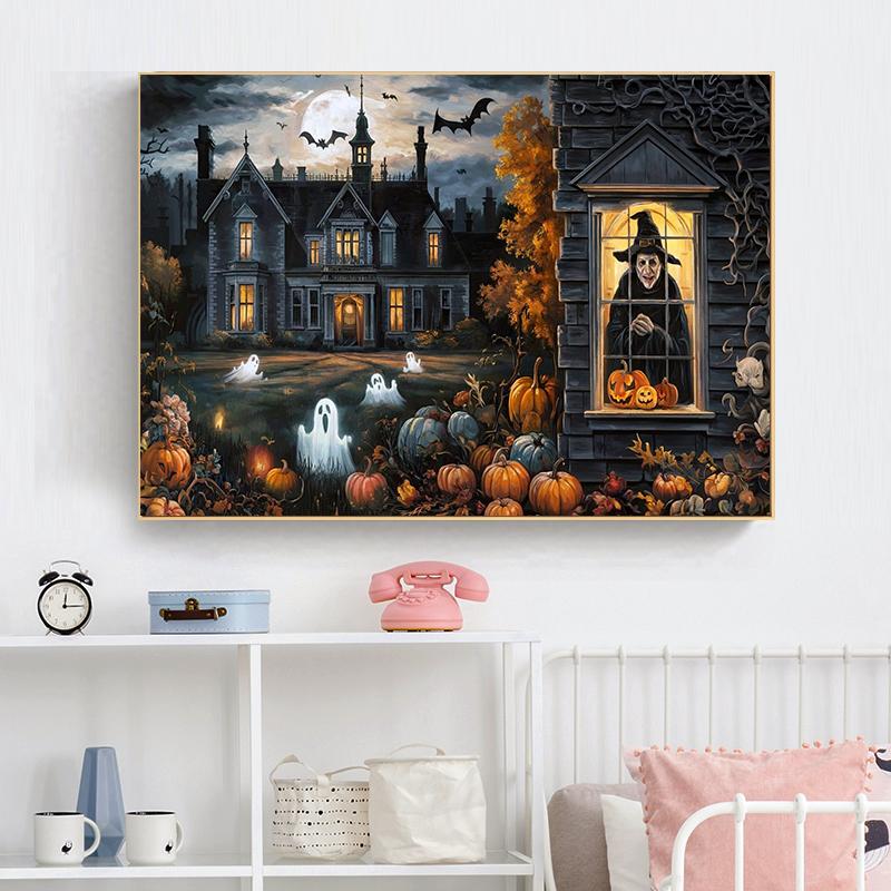 Dark Vintage Witch Halloween Posters Haunted House Pumpkin Girl Creepy Mansion Canvas Painting Wall Art Pictures Home Room Decor
