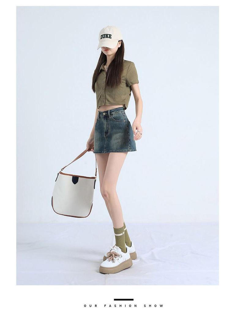 Women's High-Waist Stretch Retro Denim A-line Mini Skirt - Anti-Exposure, Hip-Hugging, Perfect for Spring/Summer Fashion