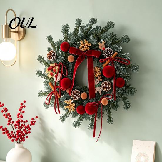 Handmade Wreath for Balcony Christmas Artificial Garland with Pinecones Cinnamon And Red Bows, Decorative Hanging Rustic Pinecone Pendants Winter