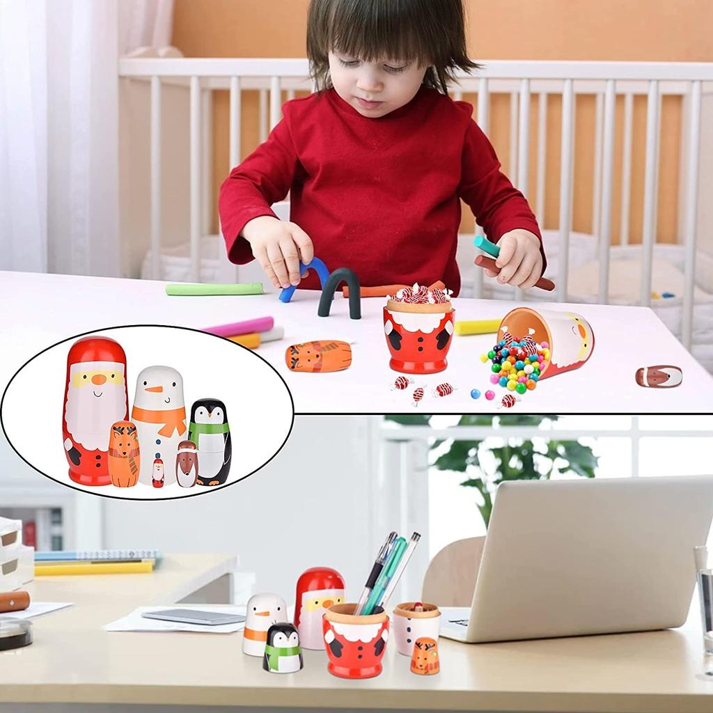 Muñecas Rusas Matrioshka de Navidad para Niños, Juego Anidado de Apilamiento de Madera, 6 Piezas Juguetes Hechos a Mano para Niños Regalo de Navidad Cumpleaños