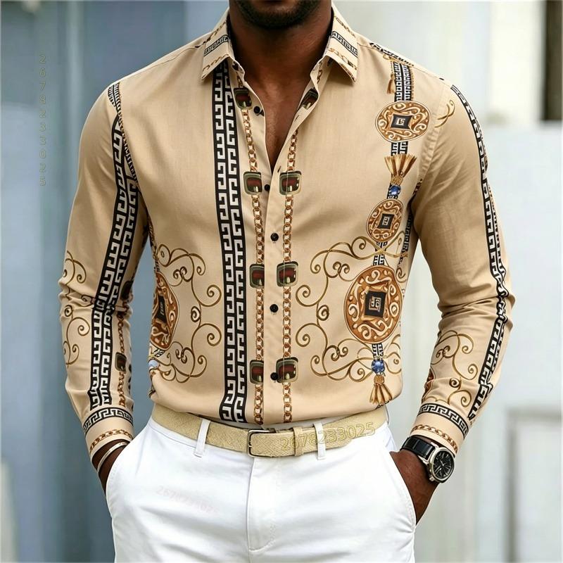 New Men's Shirt Palace Style Shirt Black Gold Pattern Printed Slimming Long Sleeve Shirt Trendy Fashion Casual Men's Wear
