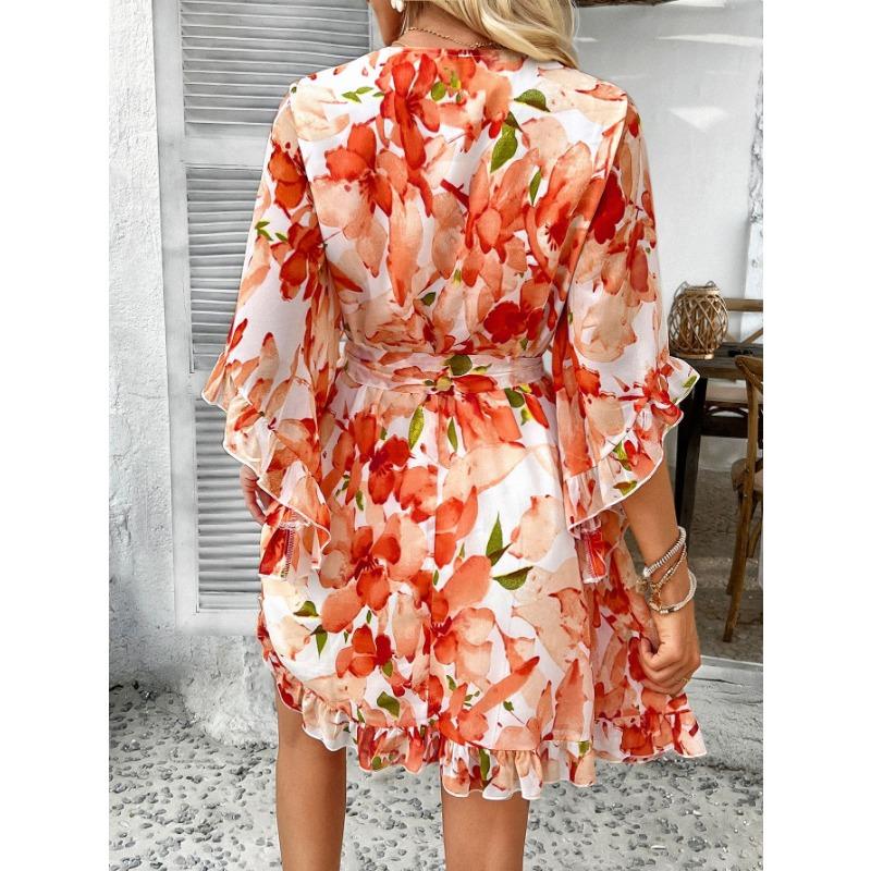 Vacation Casual Printed Lace Up Chiffon Dress
