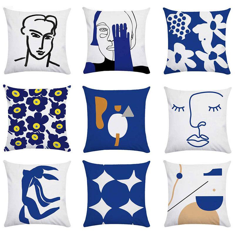 Nordic Pillow Ins Light Luxury Style Pillow Case Retro Art Abstract Blue Pillow Flower Sofa Backrest
