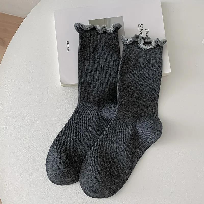 Fashion Girls Lolita Kawaii Cute Middle Tube Socks Sox Sweet Solid Color Black White Gray Long Socks Ruffle Socks Women