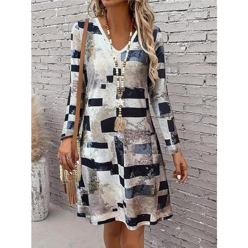 DAFIFY Women's Fashion Spring Fall Colour Block Print Long Sleeve V-Neck Loose Waistline Casual Dresses