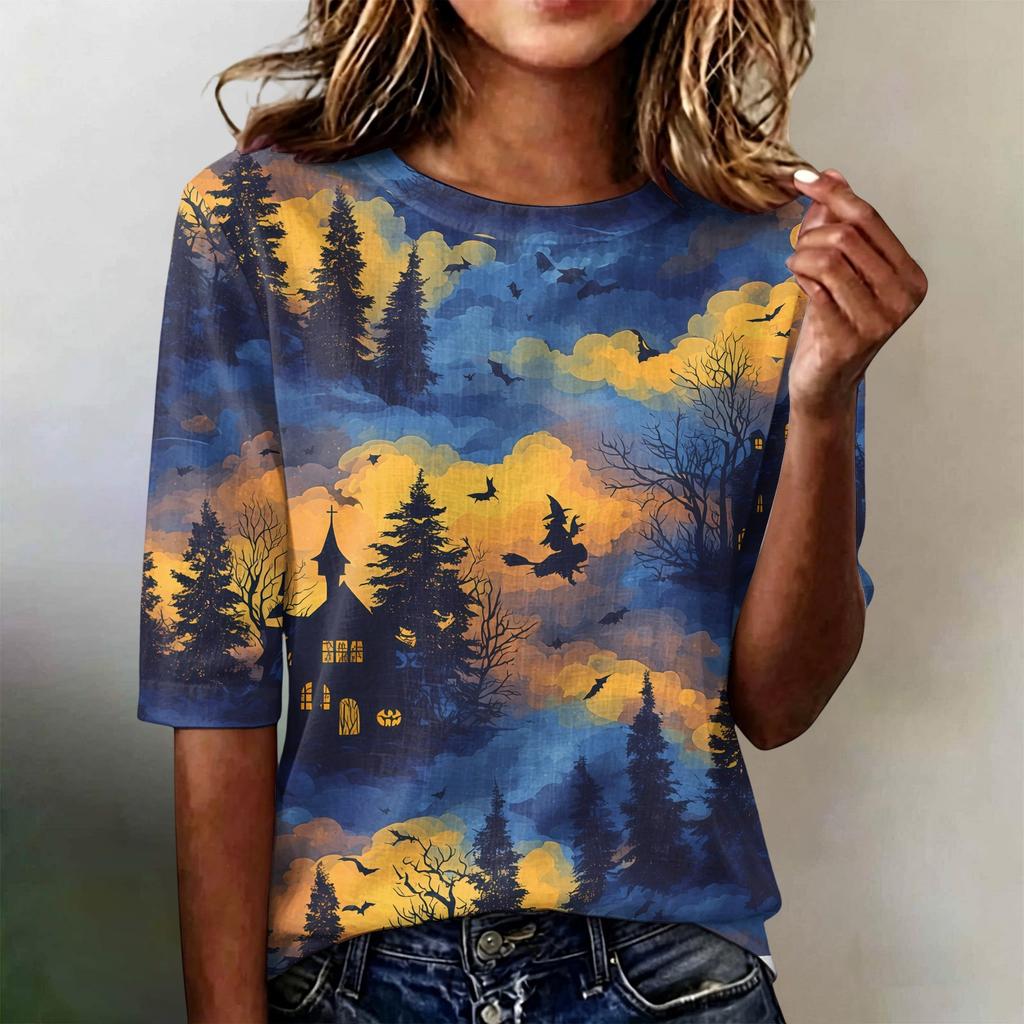 Women's Casual Loose Fit Short Sleeve T-Shirt Round Neck Lightweight Halloween Graphic Top for Everyday Wear