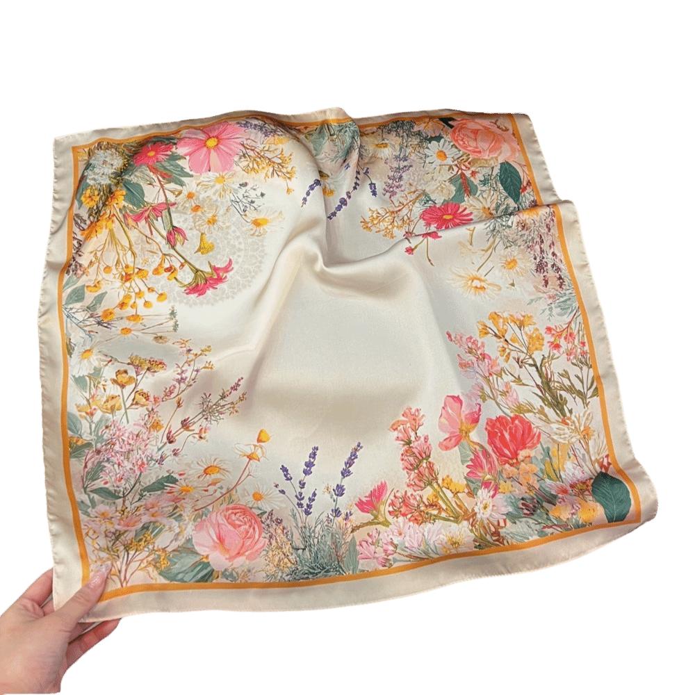 Luxury Silk Square Scarf Soft Floral Print Head Scarf Satin Neck Tie Women Female бежевый